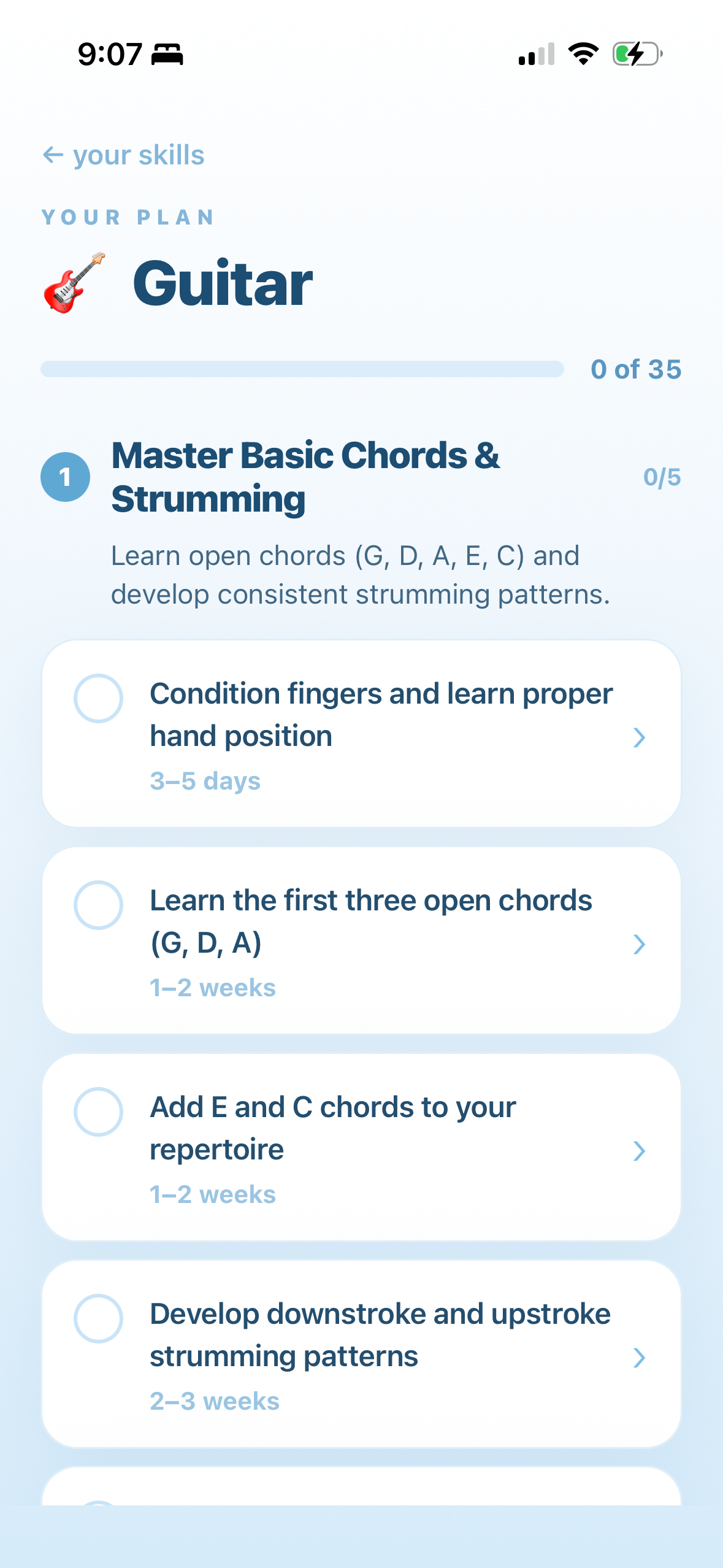 A guitar learning plan broken into milestones